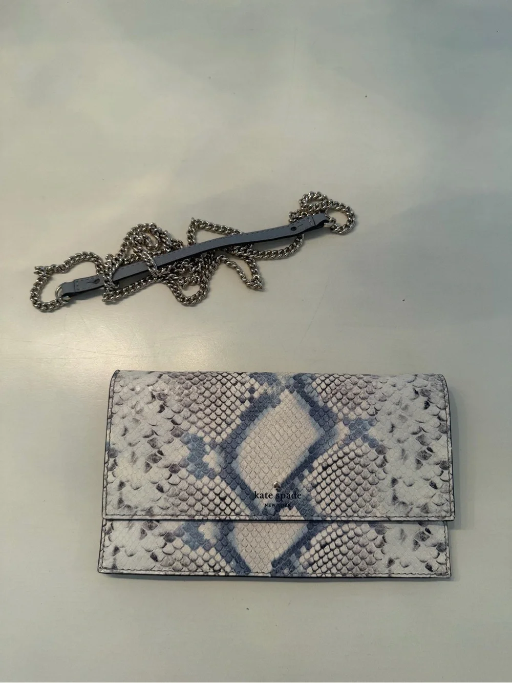 kate spade White and Blue Snake-Print Chain Crossbody